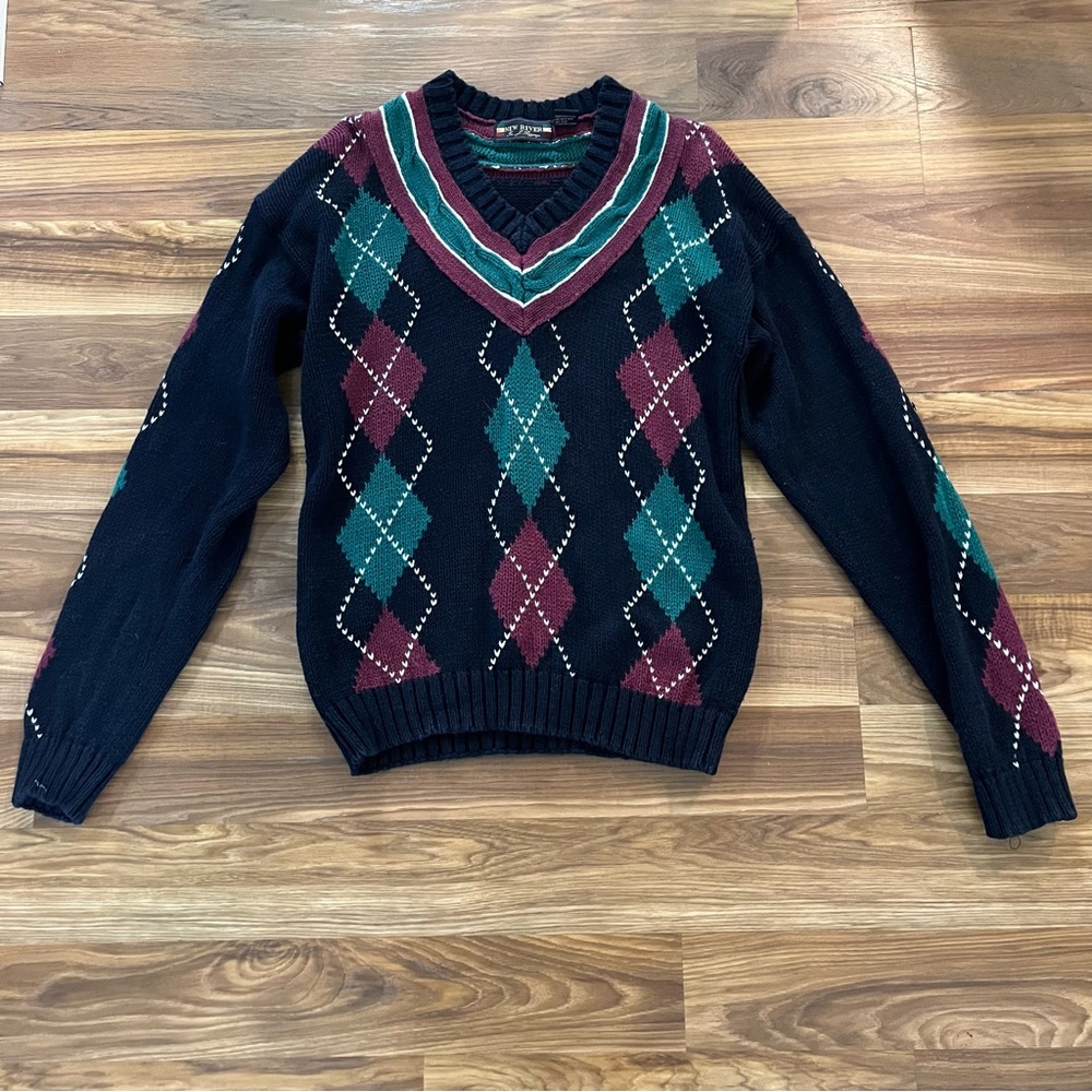 Vintage New River J. Riggings Men’s V-Neck Navy Blue Burgundy Green Sweater XL